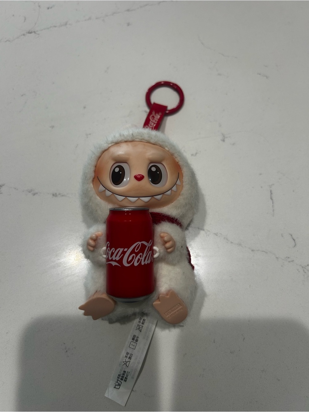 Coca-Cola Pop Mart Labubu White Plush Keychain Character with Red Can